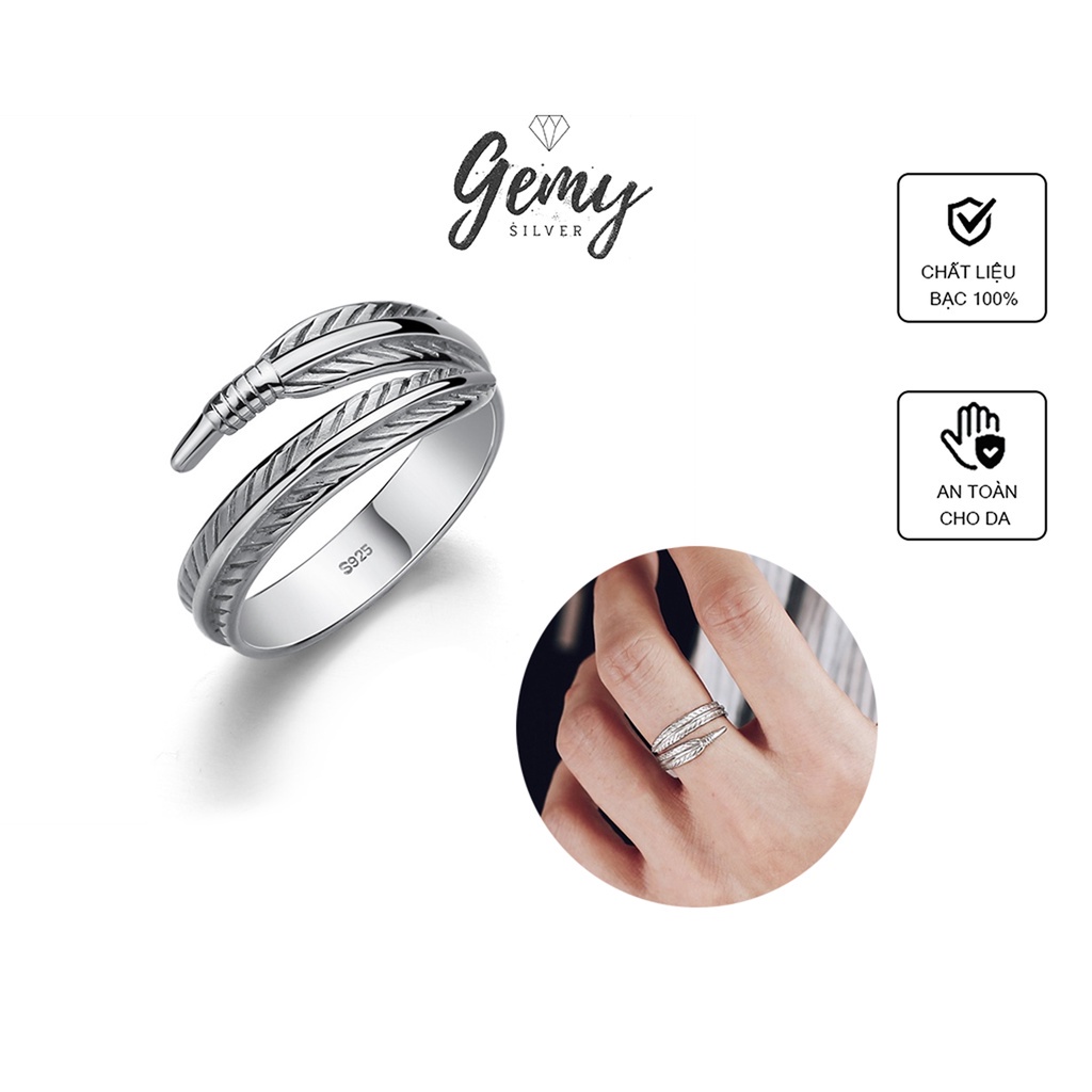 Nhẫn nam bạc Feather thiết kế mặt hình lông vũ cá tính, đơn giản, nam tính, unisex | GEMY SILVER NN6
