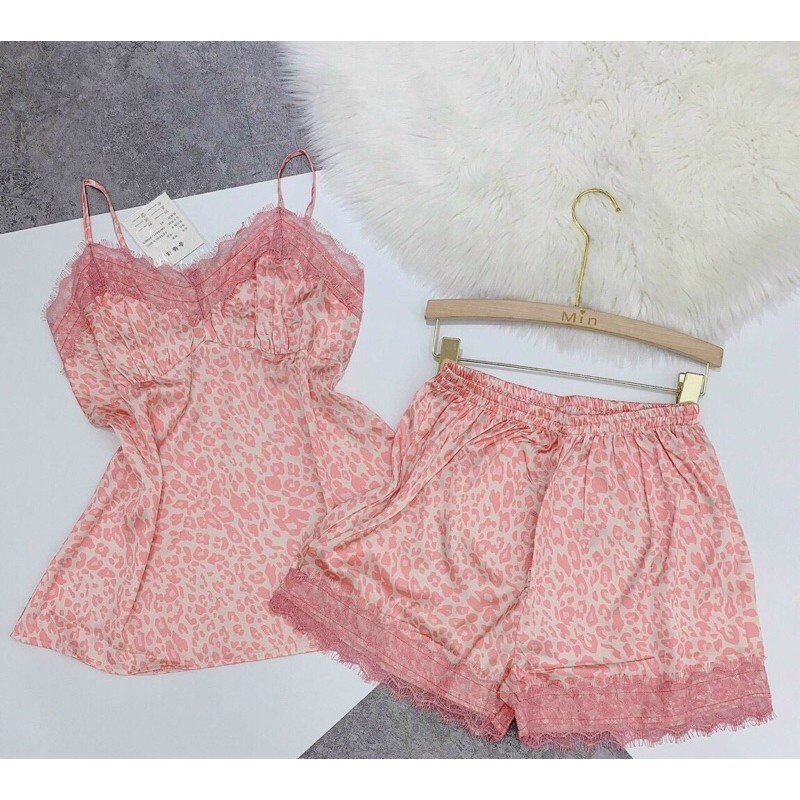 Bộ Ngủ 2 Dây-bộ ngủ 2 dây hoạ tiết báo hồng pha ren quyến rũ,bộ ngủ siêu mát cho mùa hè