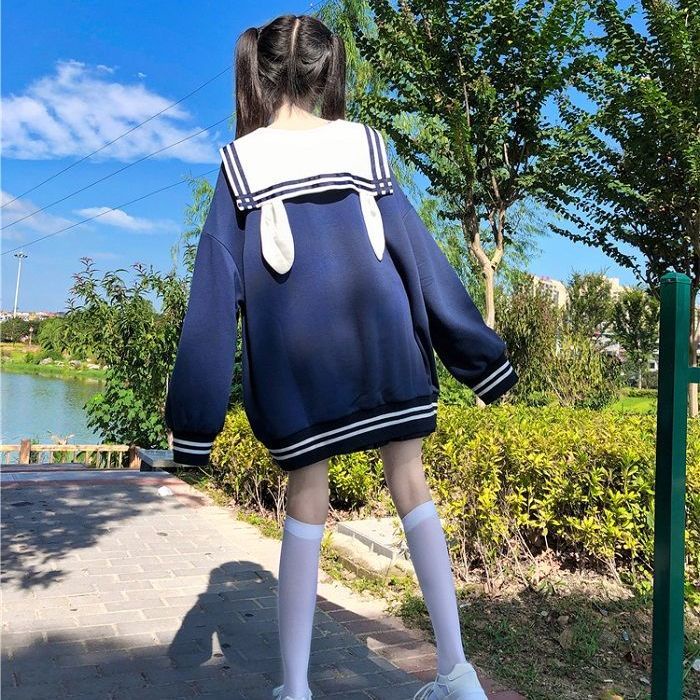Áo sweater Tay Dài Cổ Thủy Thủ Dáng Rộng Đính Tai Thỏ Dễ Thương Thời Trang Thu Đông Nhật Bản Dành Cho Bạn Gái Tuổi Trung Niên