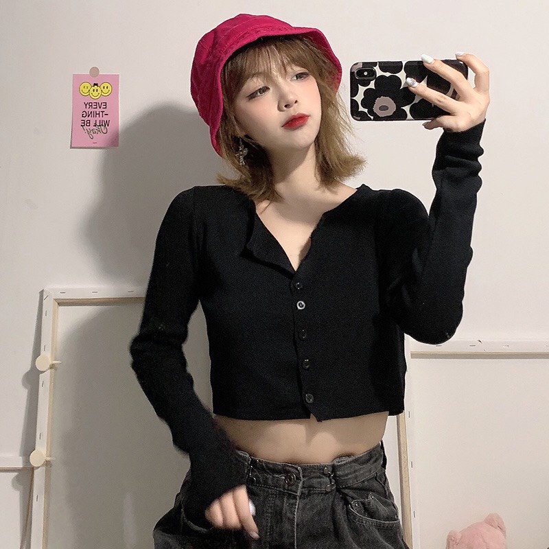 Áo croptop nữ CHIANG tay dài YAN Ulzzang phối khuy cotton CR02 | BigBuy360 - bigbuy360.vn