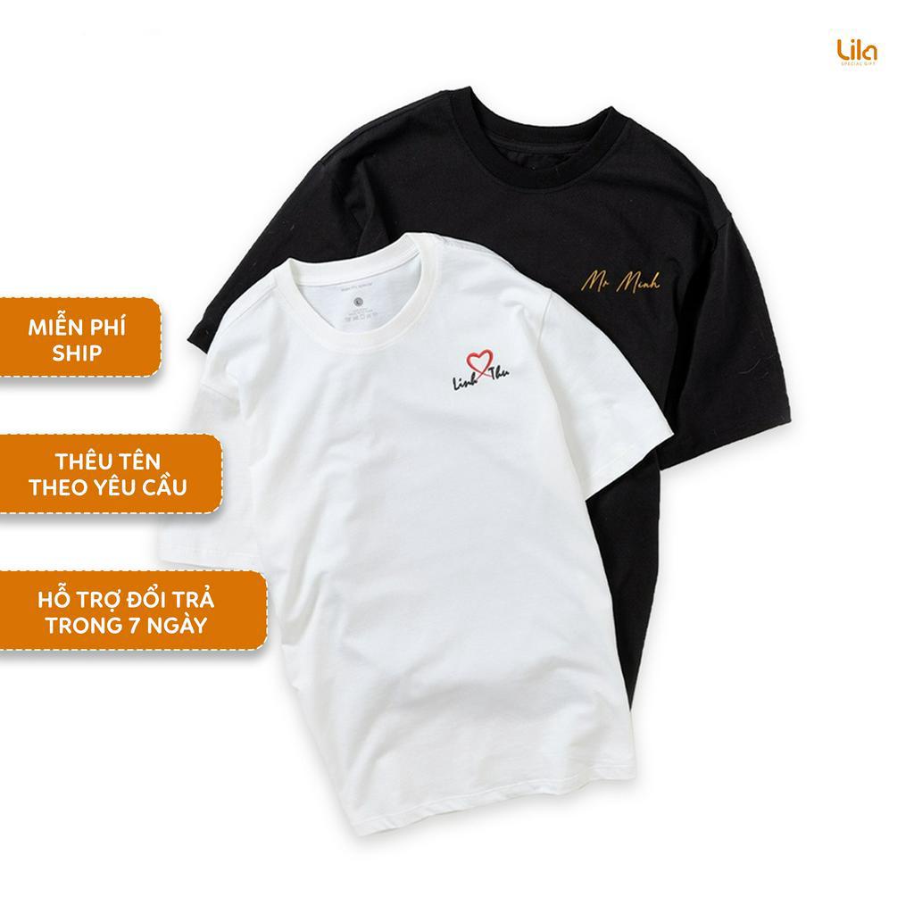 Áo PHÔNG tay lỡ THÊU TÊN yêu cầu BASIC TEE thun unisex vải COTTON giữ form, chống nhăn, áo đôi basic - LILA