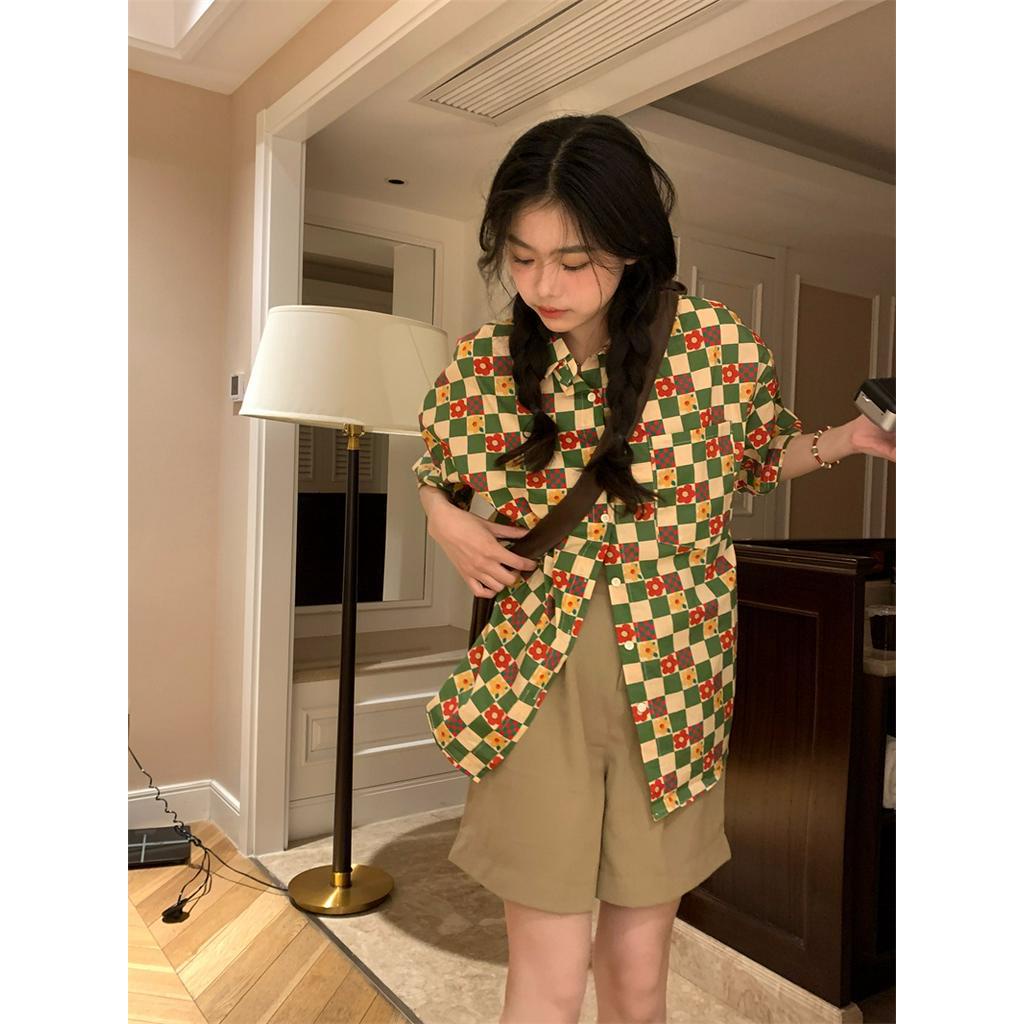 Áo Sơ Mi Hoa Dáng Rộng Ngắn Tay Phong Cách Hong Kong Kiểu Mới 64085