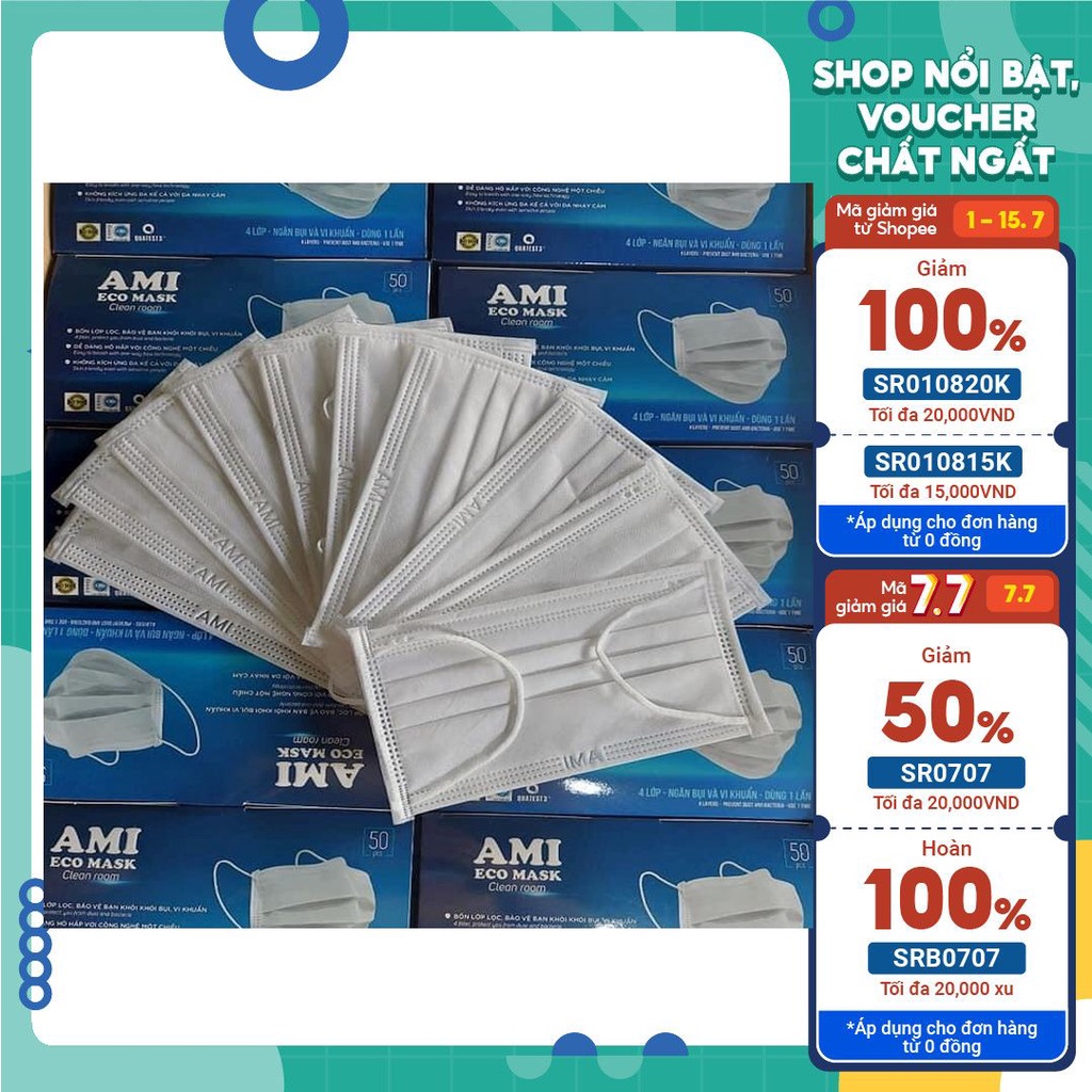Combo 2 hộp Khẩu trang y tế, Khẩu trang Ami 4 lớp hộp 50c, hàng chính hãng