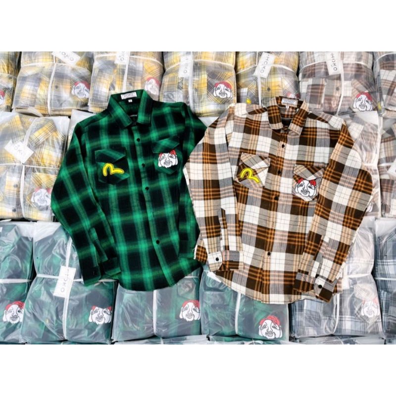 Áo Sơ Mi Nam Nữ Caro Nỉ Tay Dài EVISU In Hình Ông Địa Nhiều Màu Siêu Xinh - Super Fashion P