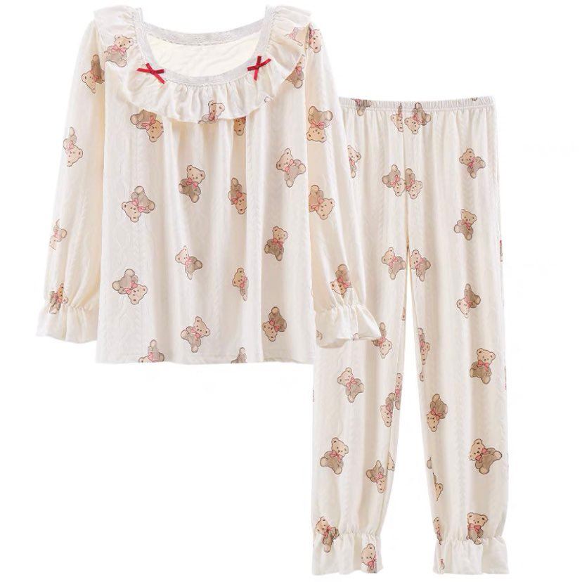 Bộ Mặc Nhà Pyjama Cotton Cổ Bèo Nơ Bo Gấu Mới