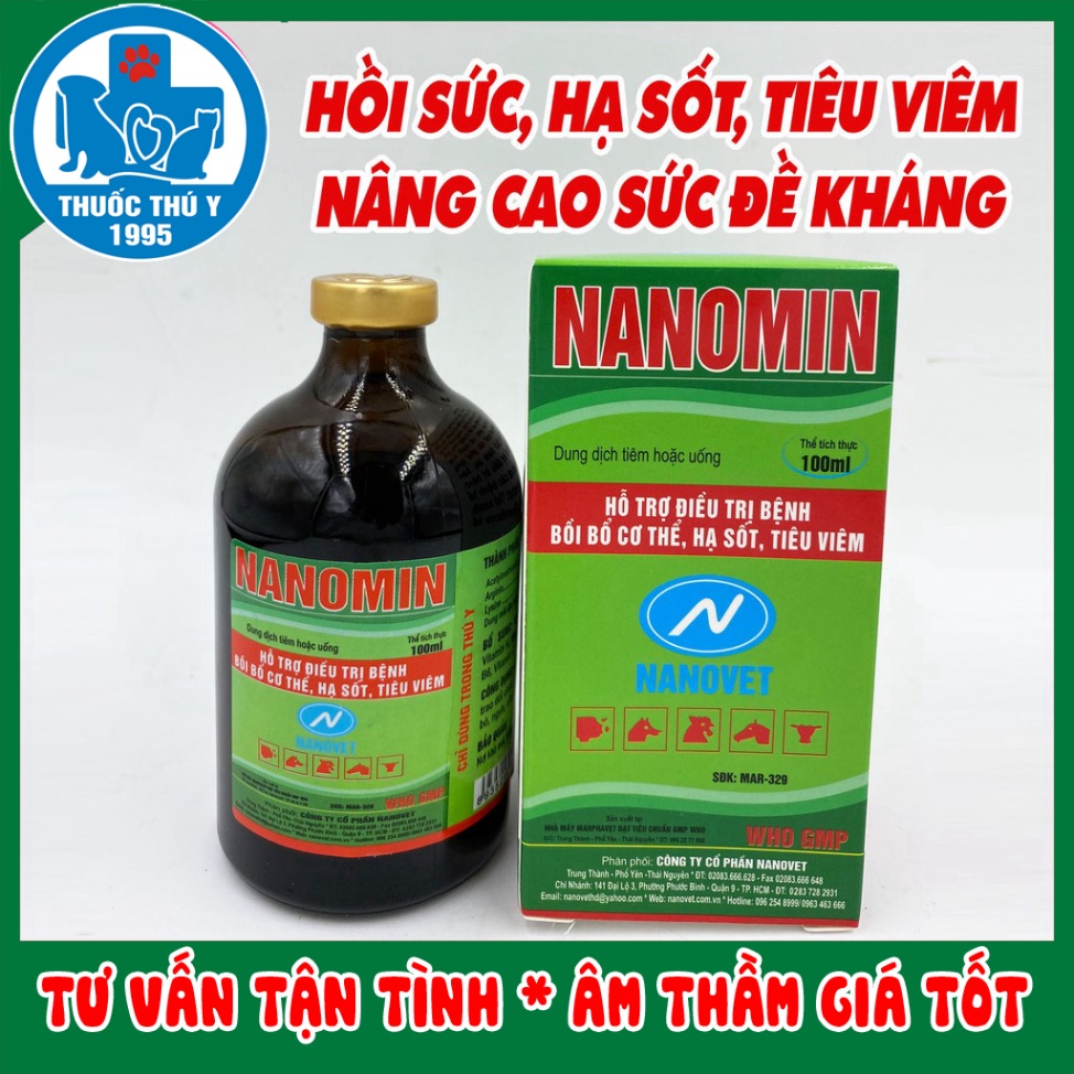 Hộp NANOMIN 20ml, 100ml   sản phẩm cao cấp hỗ trợ hồi sức thú bệnh, giảm đau, hạ sốt, nâng cao sức