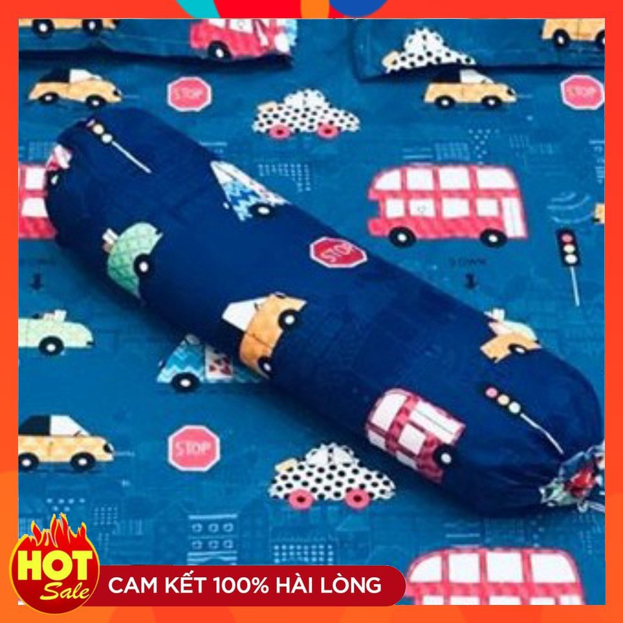 Vỏ gối ôm cotton poly 35x100cm mẫu-ô tô xanh