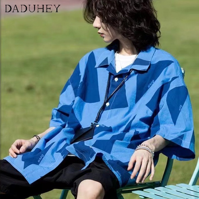 DaDuHey💕 Japanese Short Sleeve Shirt Women's Blue Multicolor Printing Design Sense Niche Half Sleeve Loose Casual Blouse