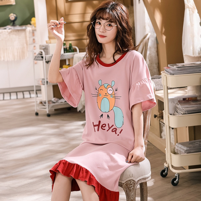 Đầm Ngủ Cotton Tay Dài In Hình Hoạt Hình Dễ Thương Cho Nữ