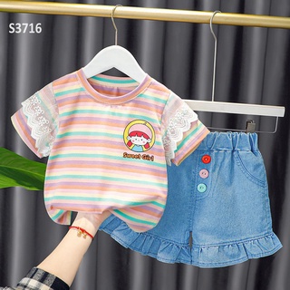 QCCC- Set bé gái áo thun cầu vồng phối quần denim Quảng châu