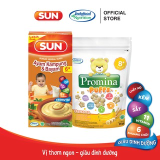 Combo 1 bột ăn dặm cho bé Sun vị gà và 1 bánh ăn dặm cho bé Promina vị chuối