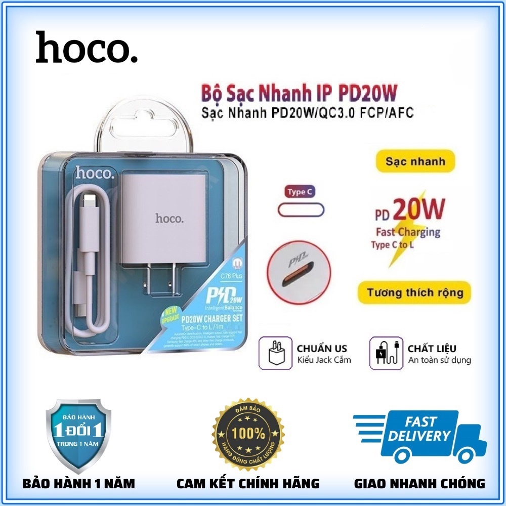 Bộ Sạc Nhanh 20W PD Hoco C76 Cao Cấp-Bộ Củ Cáp Sạc Siêu Tốc Sạc 50% Pin Trong 30 Phút-BH 1 Năm