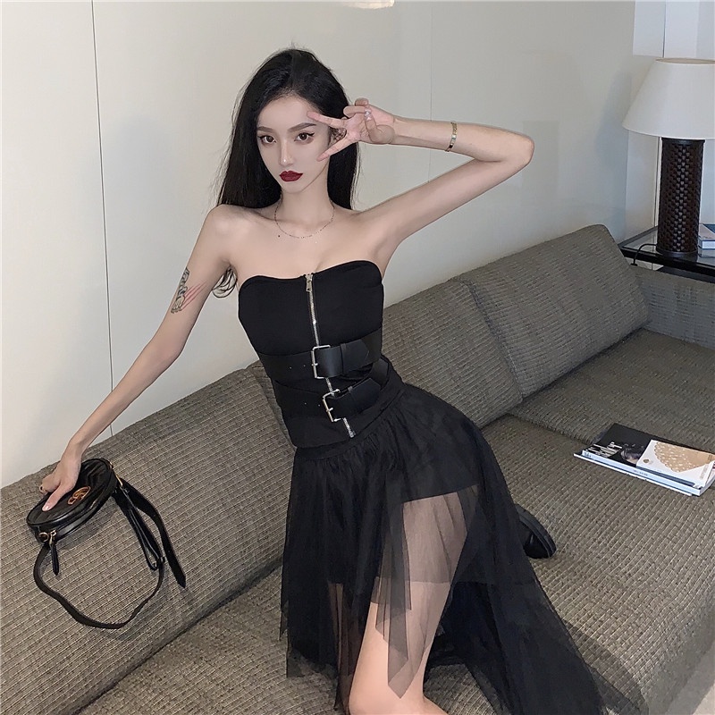 Set áo ống thun croptop ôm body tôn dáng và da dây kéo dây gài khóa hở vai + váy lưới đen lưng cao dài ngắn đuôi cá