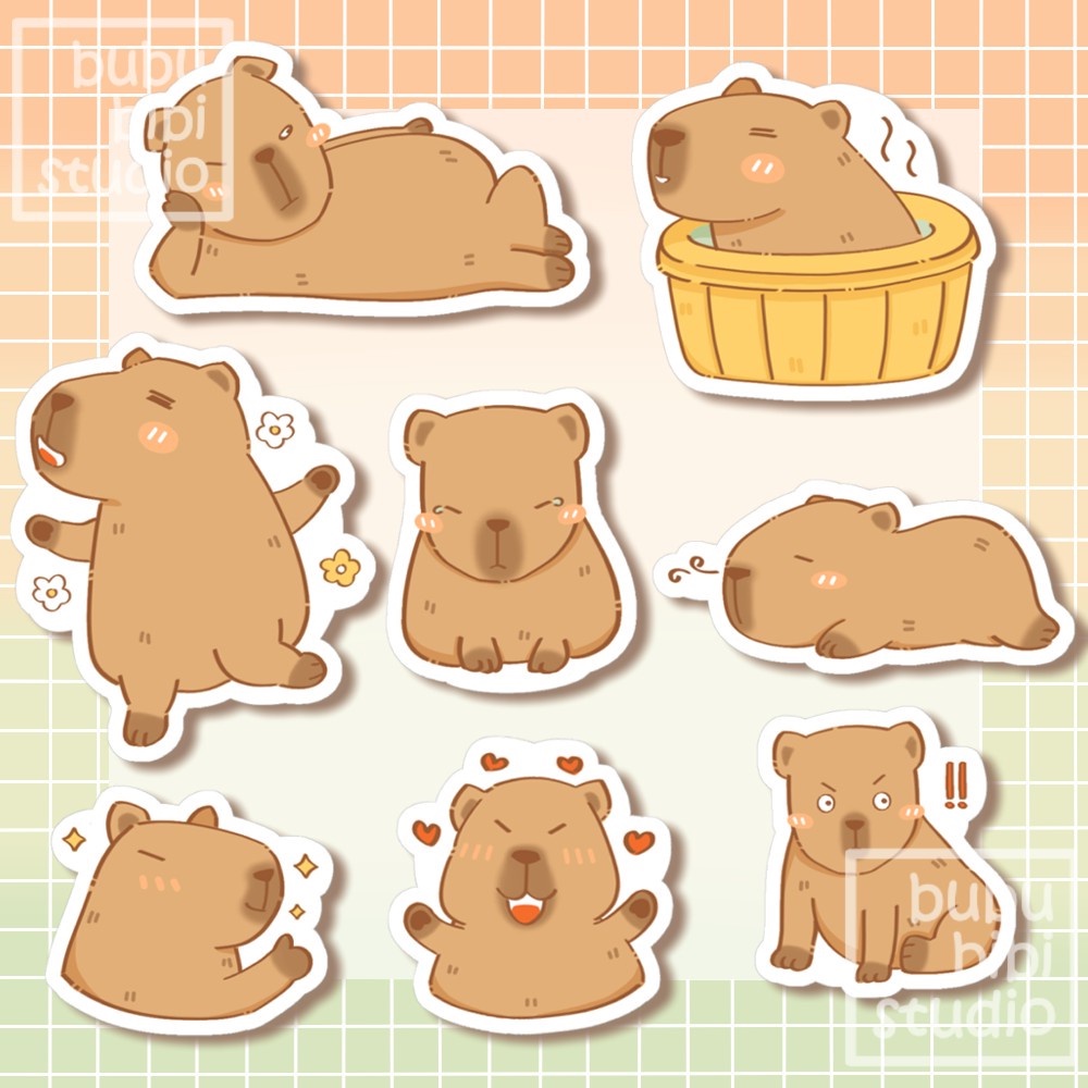 Bộ 8 sticker chuột lang nước Capybara siêu biểu cảm. siêu dễ thương