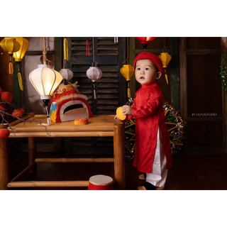 Áo dài khăn đóng truyền thống, vải lụa đỏ cho bé trai có size sơ sinh