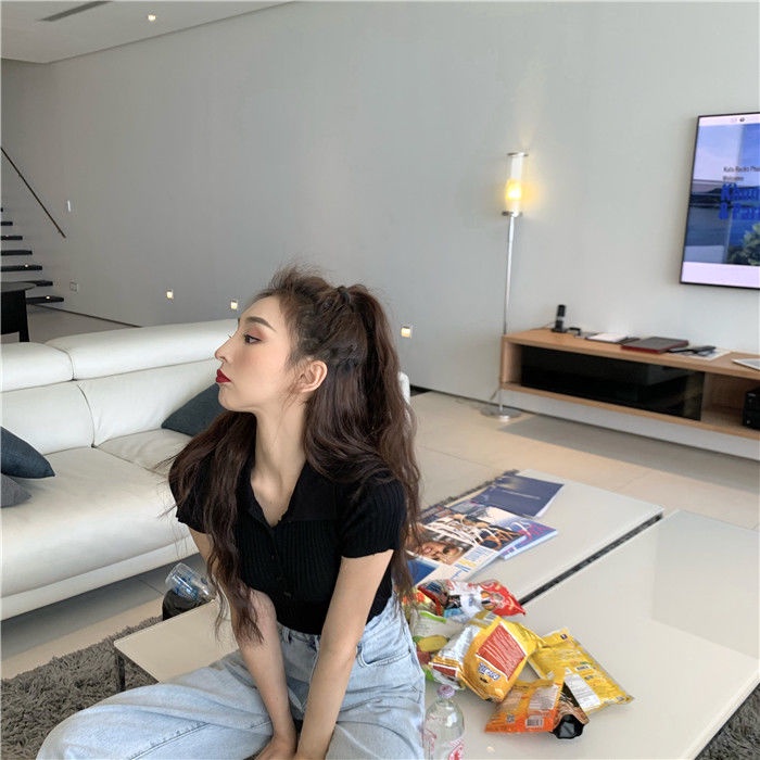 Happy-store  Áo croptop dệt kim tay ngắn cổ polo Happy Store thời trang Hàn Quốc thanh lịch