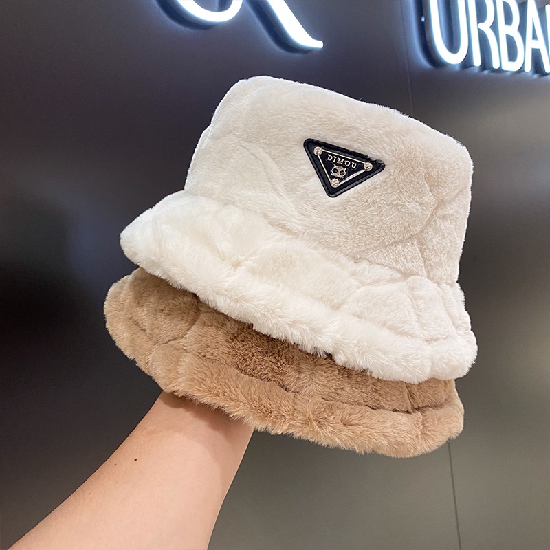 Mũ bucket phối lông ấm áp phong cách Harajuku Nhật Bản thời trang mùa đông cho nữ 2021