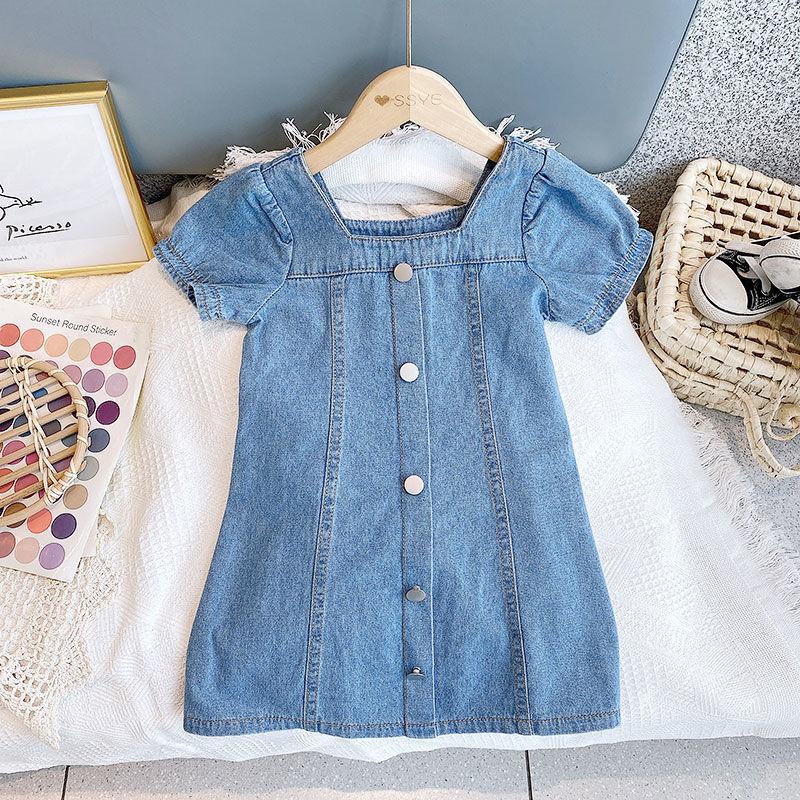 Đầm Denim Tay Phồng Phong Cách Hàn Quốc Thời Trang Mùa Hè Xinh Xắn Cho Bé Gái