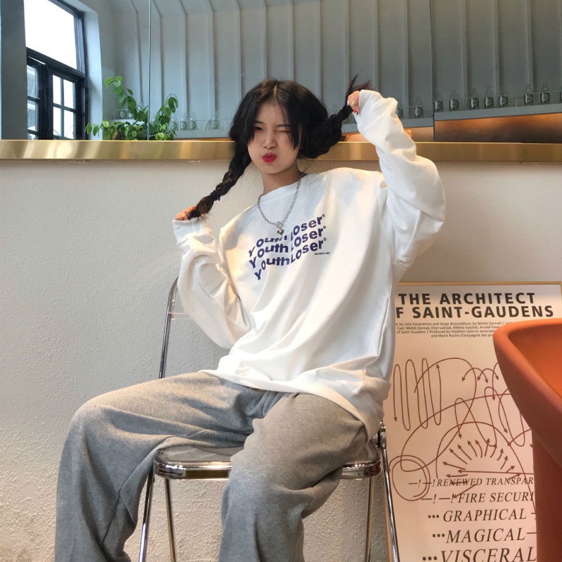 Áo Sweater Dài Tay Dáng Rộng Thời Trang Hàn Quốc Đơn Giản Dành Cho Nữ