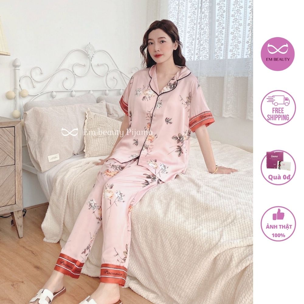 Pijama lụa EMBEAUTY đồ ngủ nữ, mặc nhà họa tiết tay cộc quần dài Latin cao cấp Freesize xinh xắn