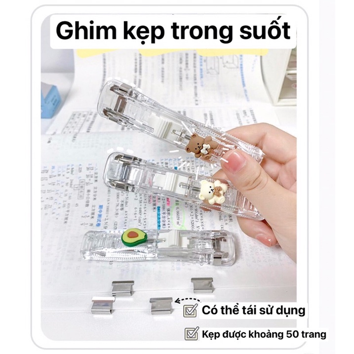 Kim bấm trong suốt mini sinh viên dễ thương/ Dập ghim giữ sách / tài liệu / gói giấy / bìa thư mục niêm phong dễ sử dụng