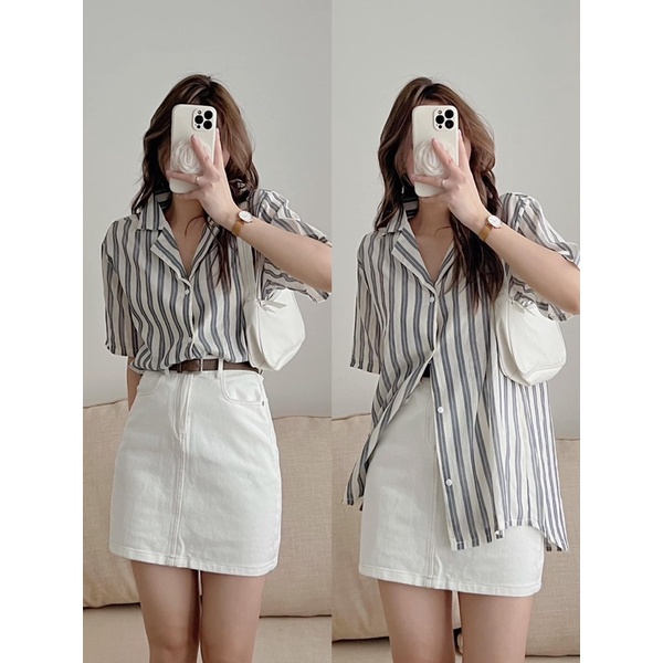 Áo sơmi kẻ sọc cộc tay basic style trẻ trung đơn giản Hàn Quốc