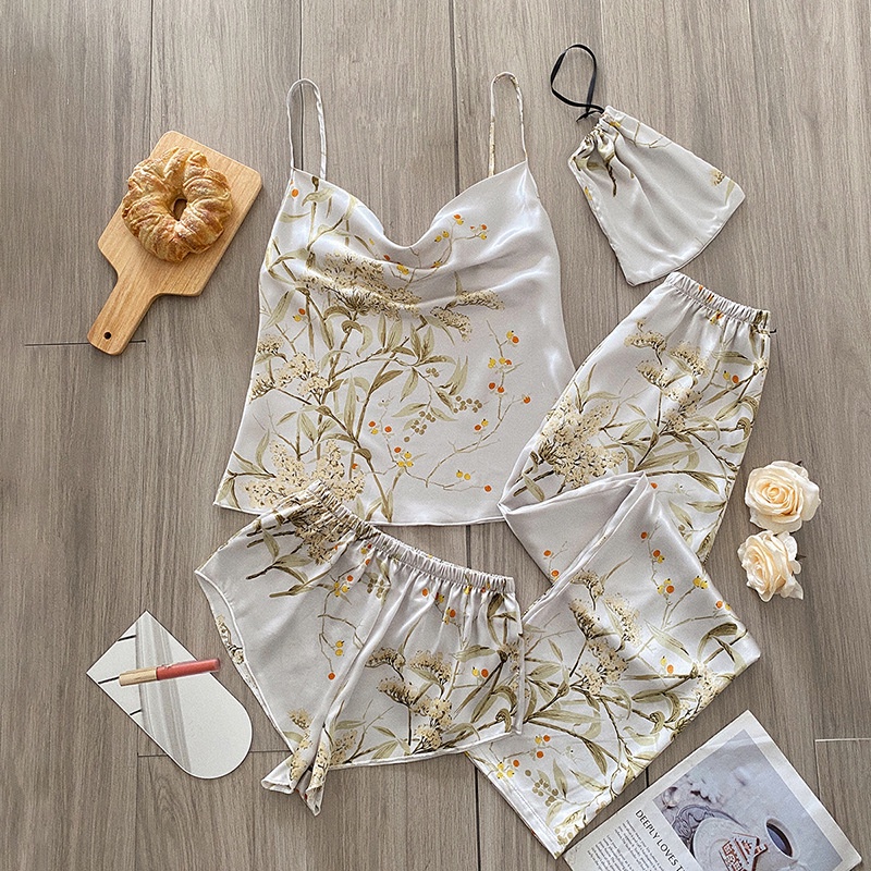 Bộ Đồ Ngủ 4 Món Bằng Lụa Mát In Họa Tiết Thời Trang Quyến Rũ Cho Nữ