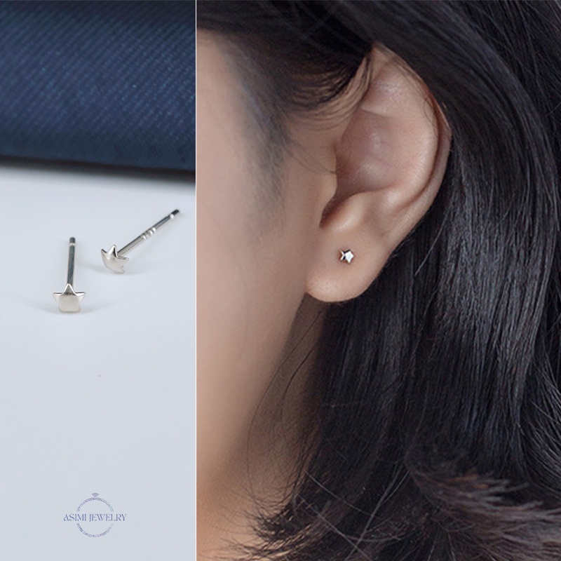 Đôi bông tai bạc Ý S925 mặt ngôi sao trơn Asimi, bông tai bạc nữ mặt ngôi sao nhỏ đơn giản cute Star One KT12