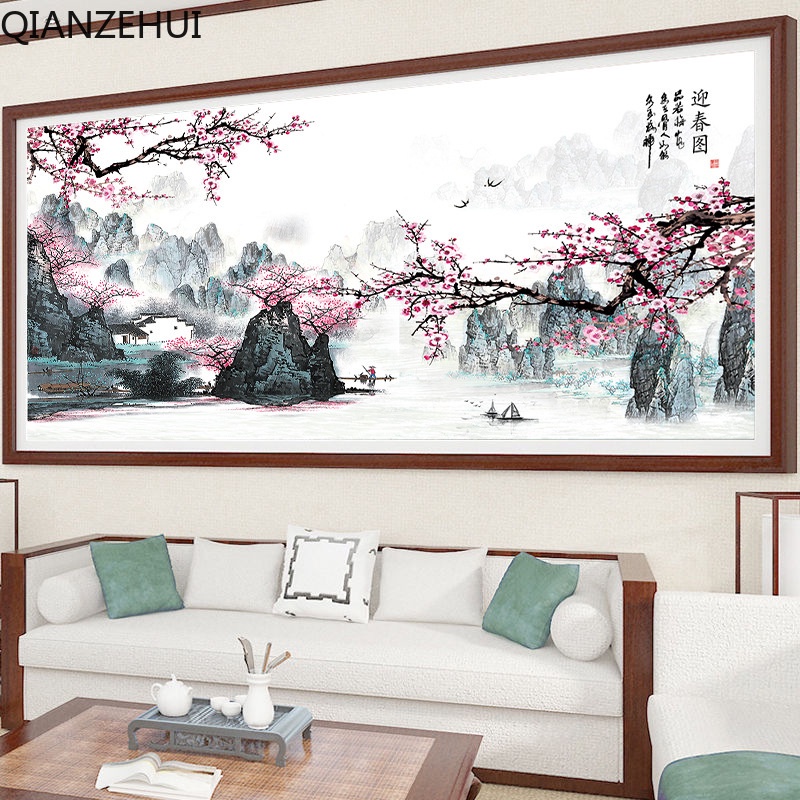 Bộ Tranh Thêu Chữ Thập DIY Hình Phong Cảnh Mùa Xuân Bằng Cotton 11CT