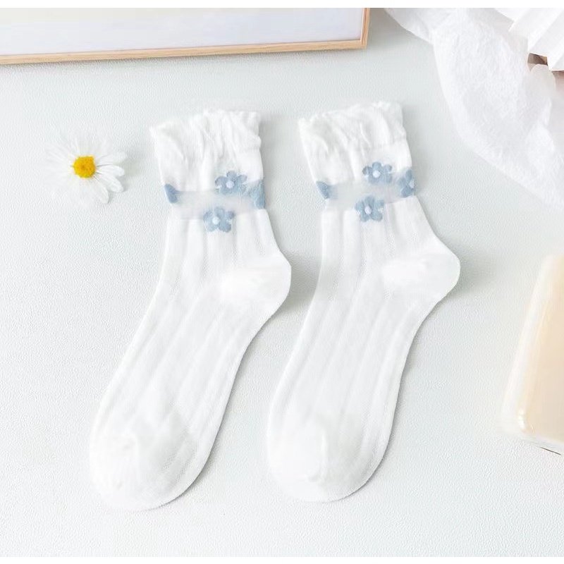 Vớ Cotton Cổ Trung Phối Ren Thoáng Khí Màu Xanh Dương Nhạt Họa Tiết Hoa Nhỏ Phong Cách Nhật Bản Cho Nữ