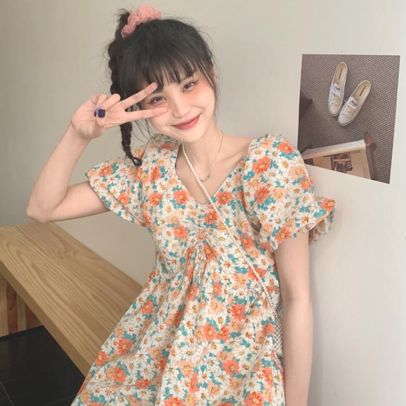 Đầm tay phồng cổ chữ V phong cách Pháp thanh lịch thời trang