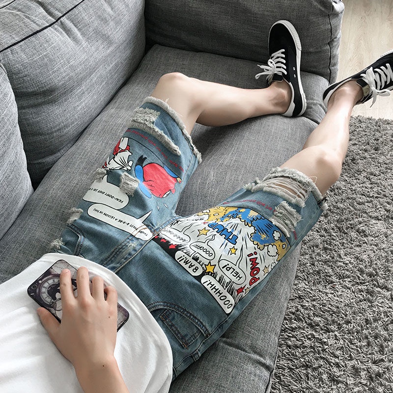 Quần Jeans Lửng Rách Gối Dáng Rộng Mùa Hè Hợp Thời Trang Cho Nam