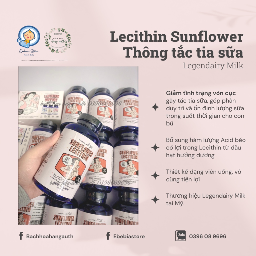 [ Hàng Mỹ ] Viên uống chống tắc tia sữa Sunflower Lecithin và Lợi sữa Pump Princess Legendairy Milk