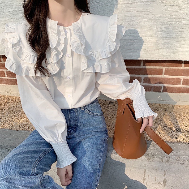 áo sơ mi nữ trắng cổ bèo,dài tay bo chun, áo LIZA hàn quốc tiểu thư phong cách vintage tiểu thư