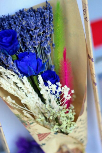 Hộp quà Hoa lavender khô và hồng khô xanh coban