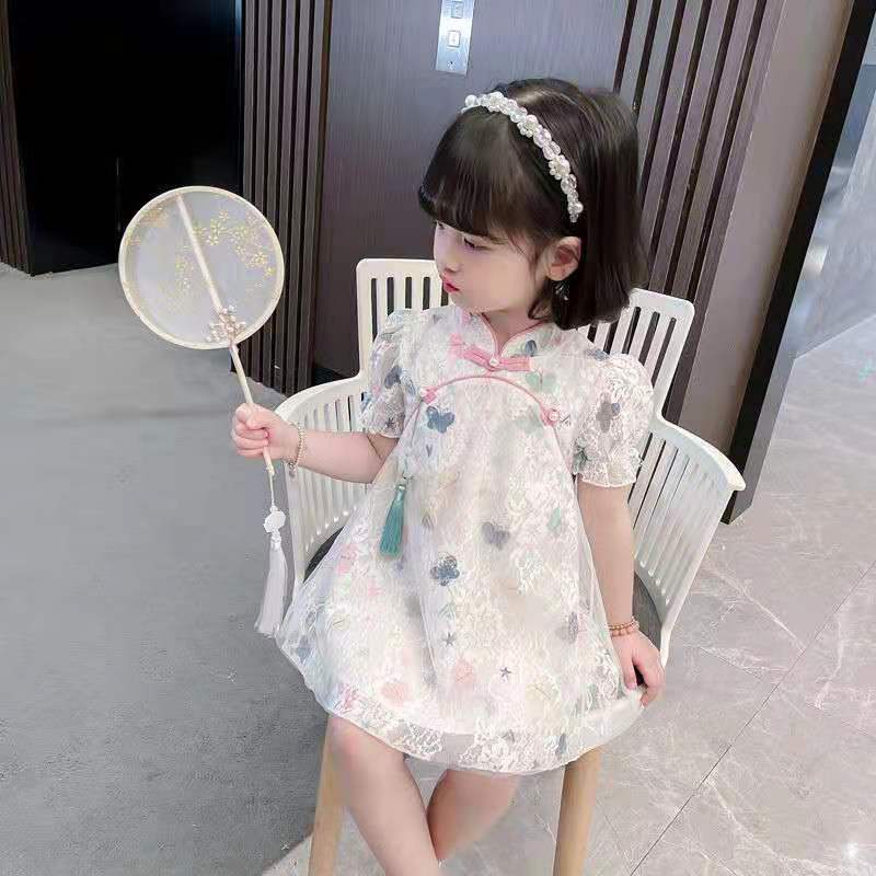 Đầm sườn xám công chúa phối ren hoa thiết kế phong cách thời trang Trung Hoa mùa hè mới cho bé gái