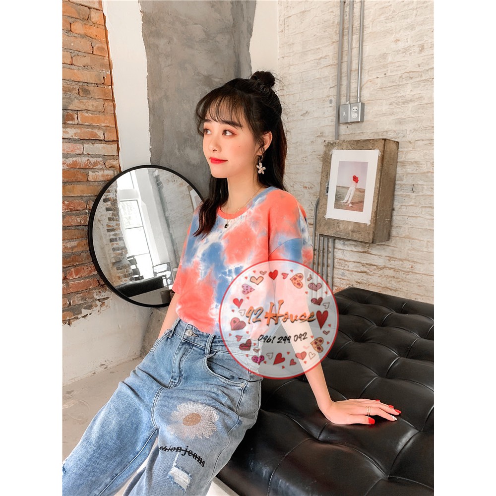 Áo thun tay lỡ nam nữ loang màu đỏ cam xanh freesize