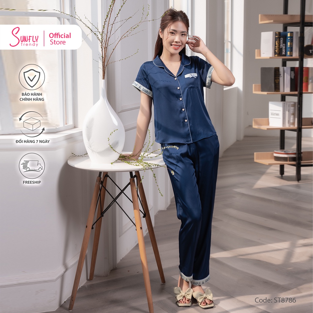 Bộ đồ mặc nhà nữ pijamas lụa SUNFLY áo cộc, quần dài ST8786