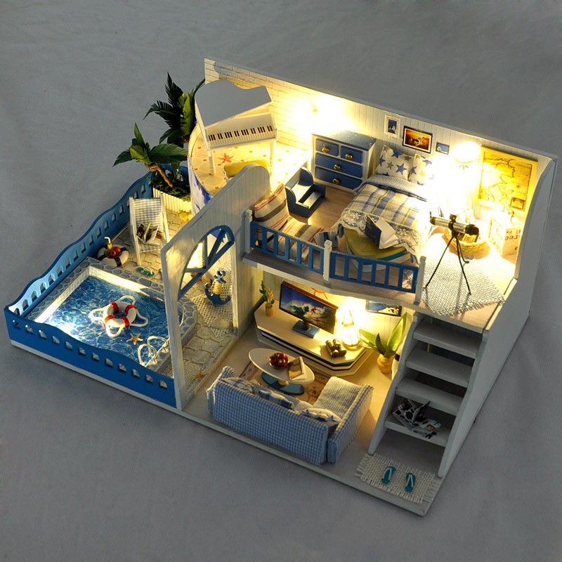 Mô hình Nhà búp bê lắp ghép bãi biến meet TYU có đèn led tặng kèm keo dán, nhíp và mica