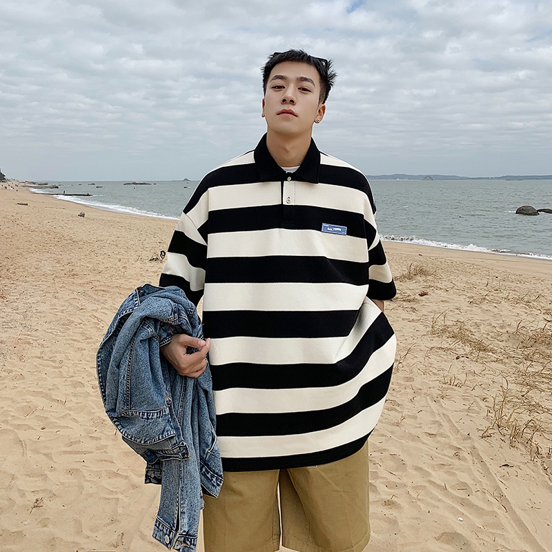 Áo polo Ngắn Tay Form Rộng Họa Tiết Kẻ Sọc Màu Sắc Tương Phản Thời Trang Mùa Hè Dành Cho Nam