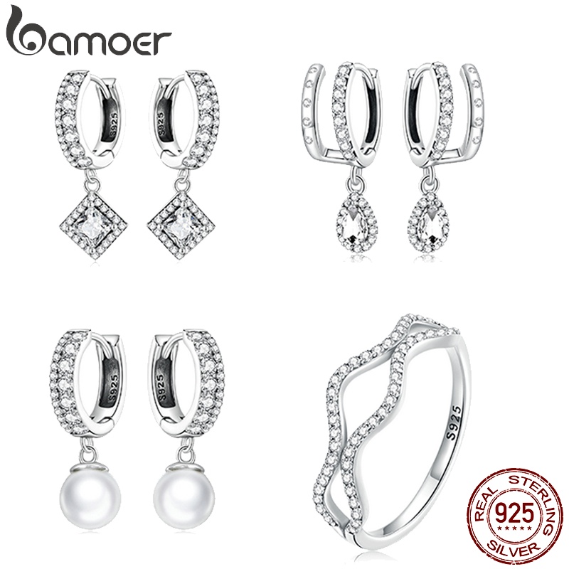 Bamoer Bông Tai bạc 925 Đính Đá Zircon Và Ngọc Trai 3 Phong Cách Thời Trang Dành Cho Nữ