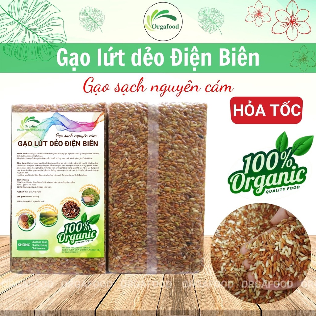 Gạo lứt dẻo Điện Biên Orgafood 1Kg EAT CLEAN healthy giảm cân cho người ăn kiêng túi hút chân không (gạo nâu)