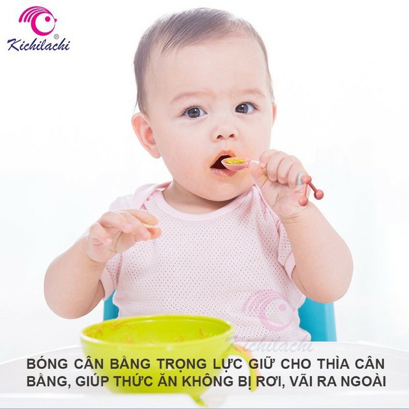 Thìa báo nóng cán xoay 360 độ chống đổ KICHILACHI an toàn cho bé yêu