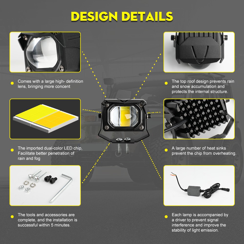 UNI-SHINE 12D 3 inch 100W Đèn pha xe máy Led 2PCS 6000K 3000K Đèn sương mù làm việc LED 12000LM cho xe máy ATV Xe tải ô tô 12V 24V