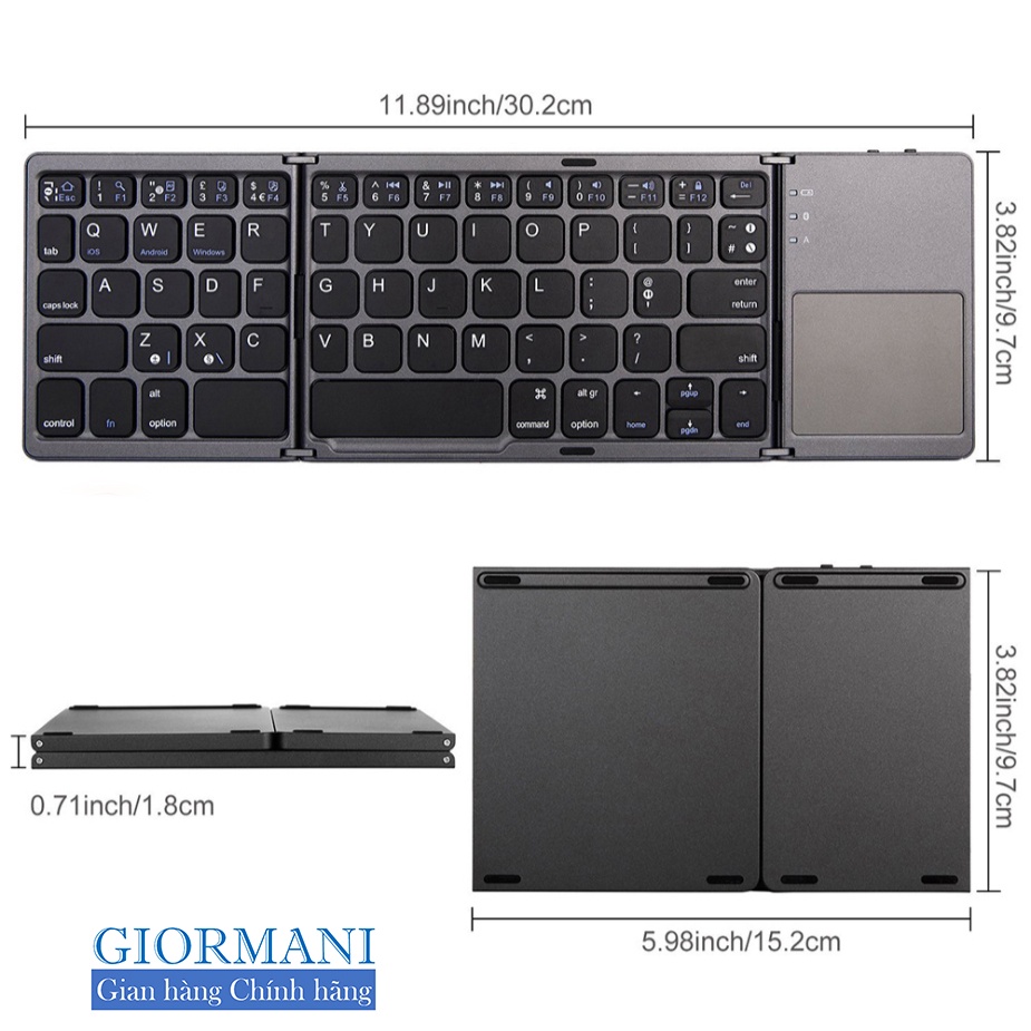 Bàn Phím Bluetooth mini gấp gọn + bàn di chuột cho Máy tính điện thoại AB33 - GIORMANI