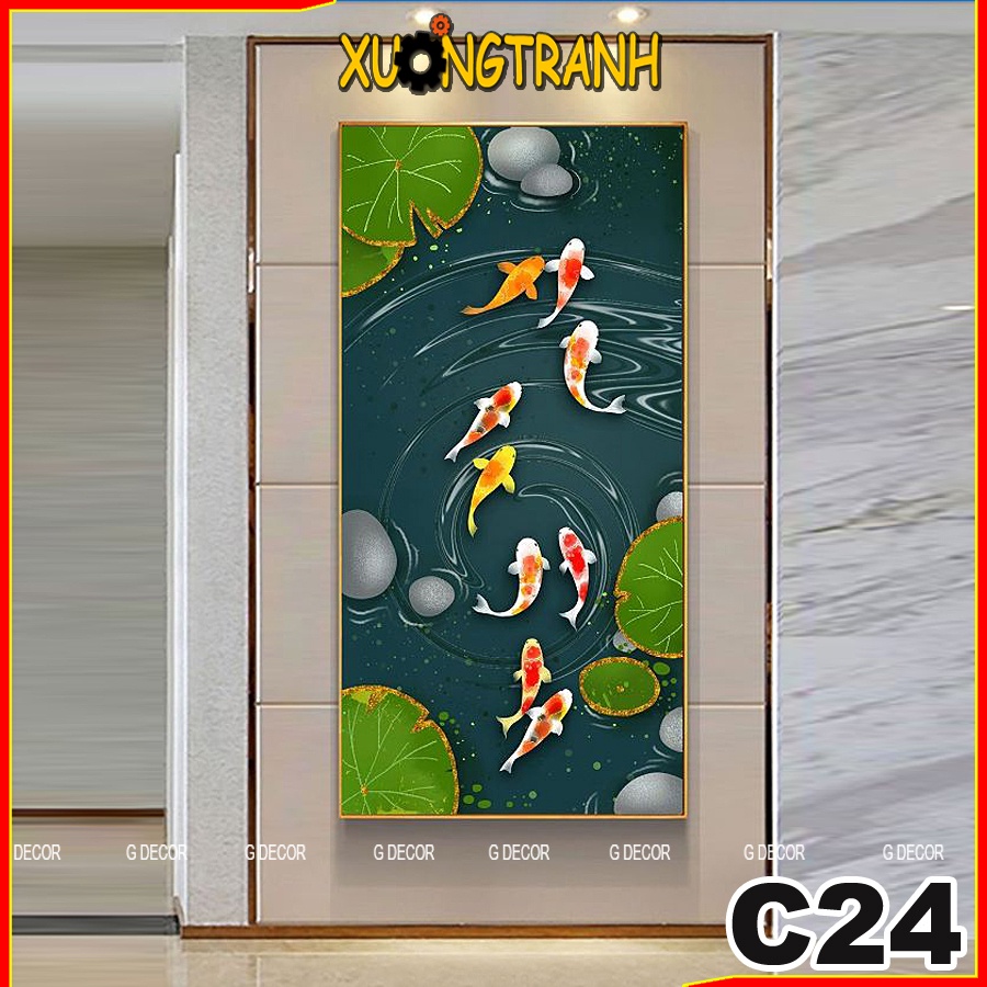 Tranh treo tường canvas 1 bức phong cách hiện đại Bắc Âu 24, tranh cửu ngư quần hội trang trí phòng khách, phòng ngủ,spa
