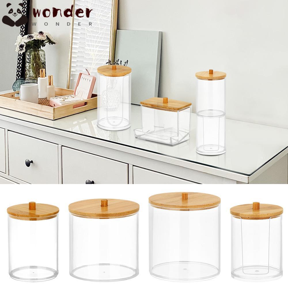Hộp đựng tăm bông trang điểm bằng acrylic trong suốt có nắp tre chống bụi đa năng