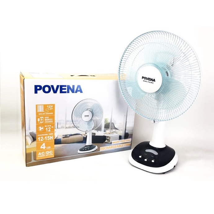 Quạt tích điện POVENA PVN-5612 24W Kiêm đèn ngủ với 3 mức gió, có hẹn giờ, xoay tốc năng, pin trâu lên đến 10 giờ