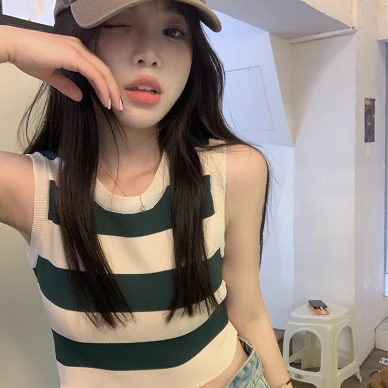 AMOI Áo Hai Dây Dệt Kim Kẻ Sọc Dáng Ngắn Thời Trang 2022 Cho Nữ