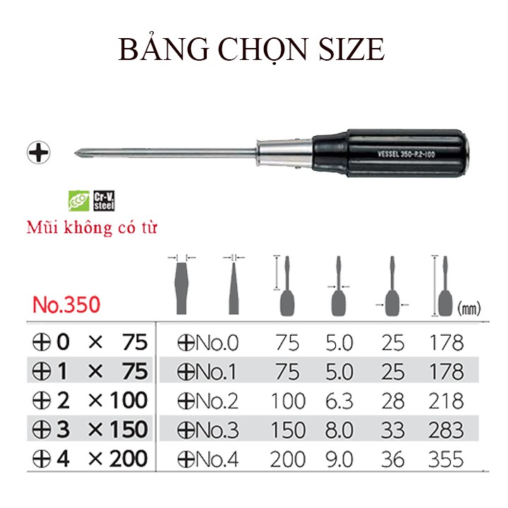 Tô vít mũi (+) cán đóng bằng gỗ No.350 Vessel, Nhật Bản